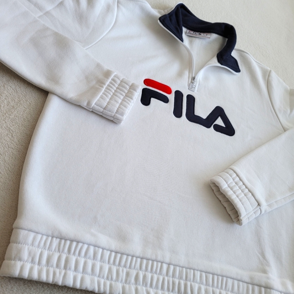 FILA | 1/4 Zip Big Logo EUC Cuffed White Pullover Sweatshirt Ladies Medium - Picture 3 of 12